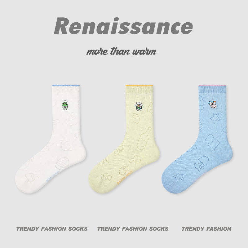 Socks Colorblock Dog Stripe Combed Cotton Mid Calf
