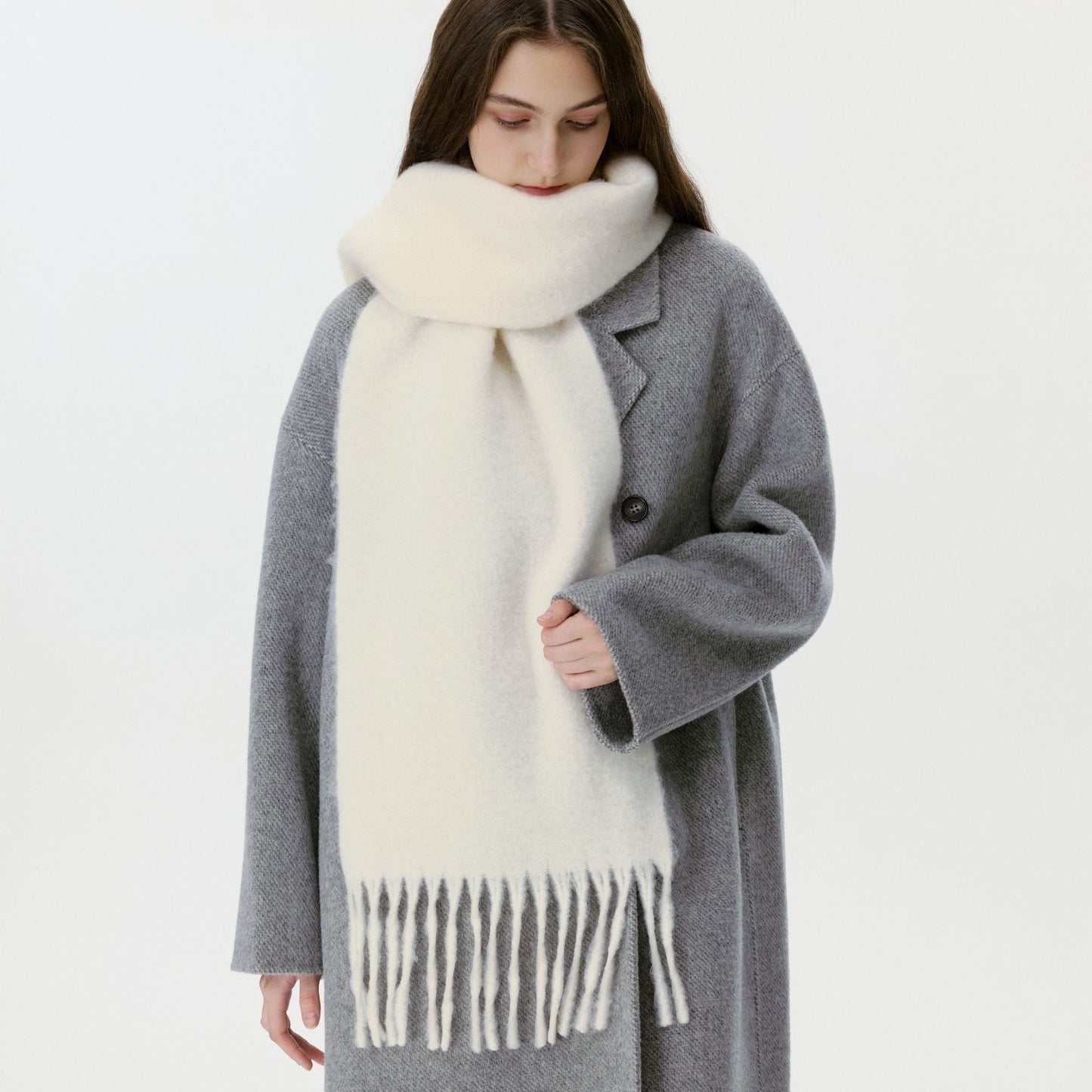 Solid Color Wool Scarf with Fringe - Stylish and Cozy