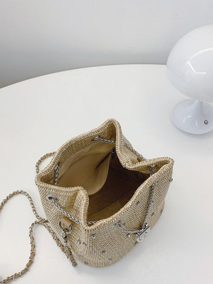 Trendy Woven Bucket Bag with Pearl and Rhinestone Detail