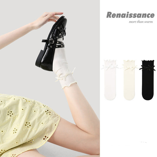 Breathable Mesh Mid Calf Bow Nylon Socks