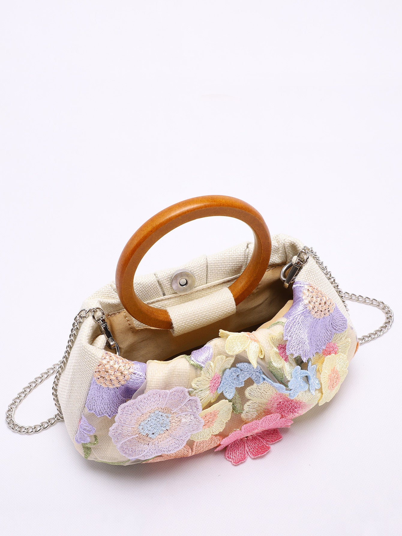 Round Wood Handle Bag Floral Embroidered Beach Style Women's Clutch