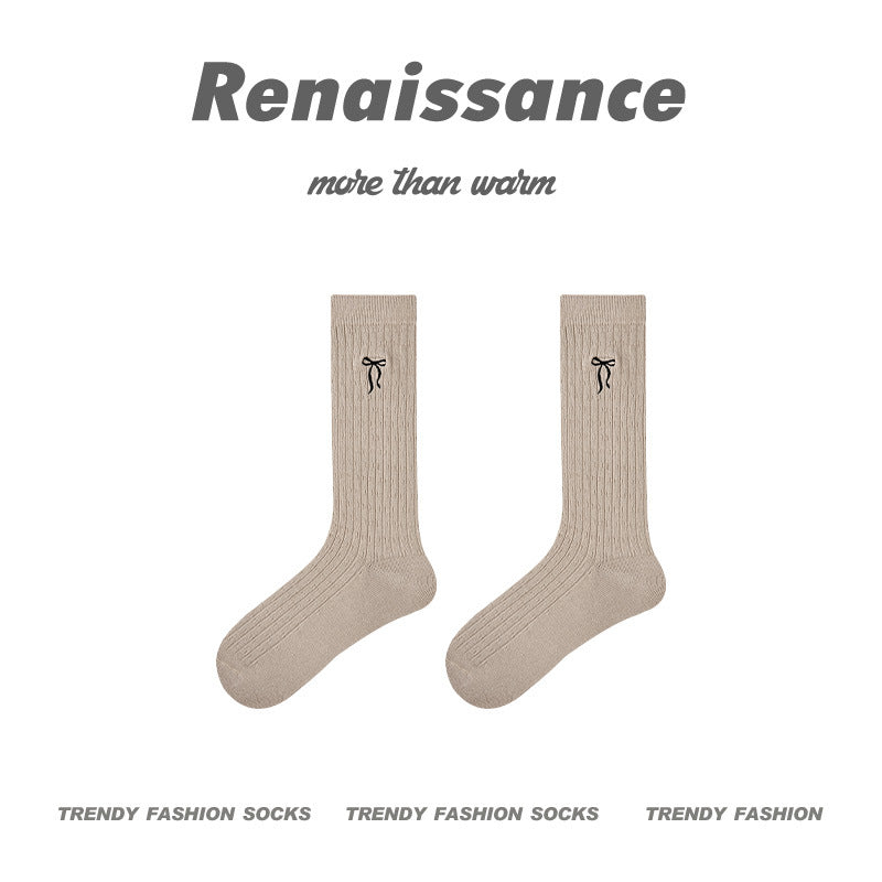 Renaissance Embroidered Bow Cotton Mid Calf Socks