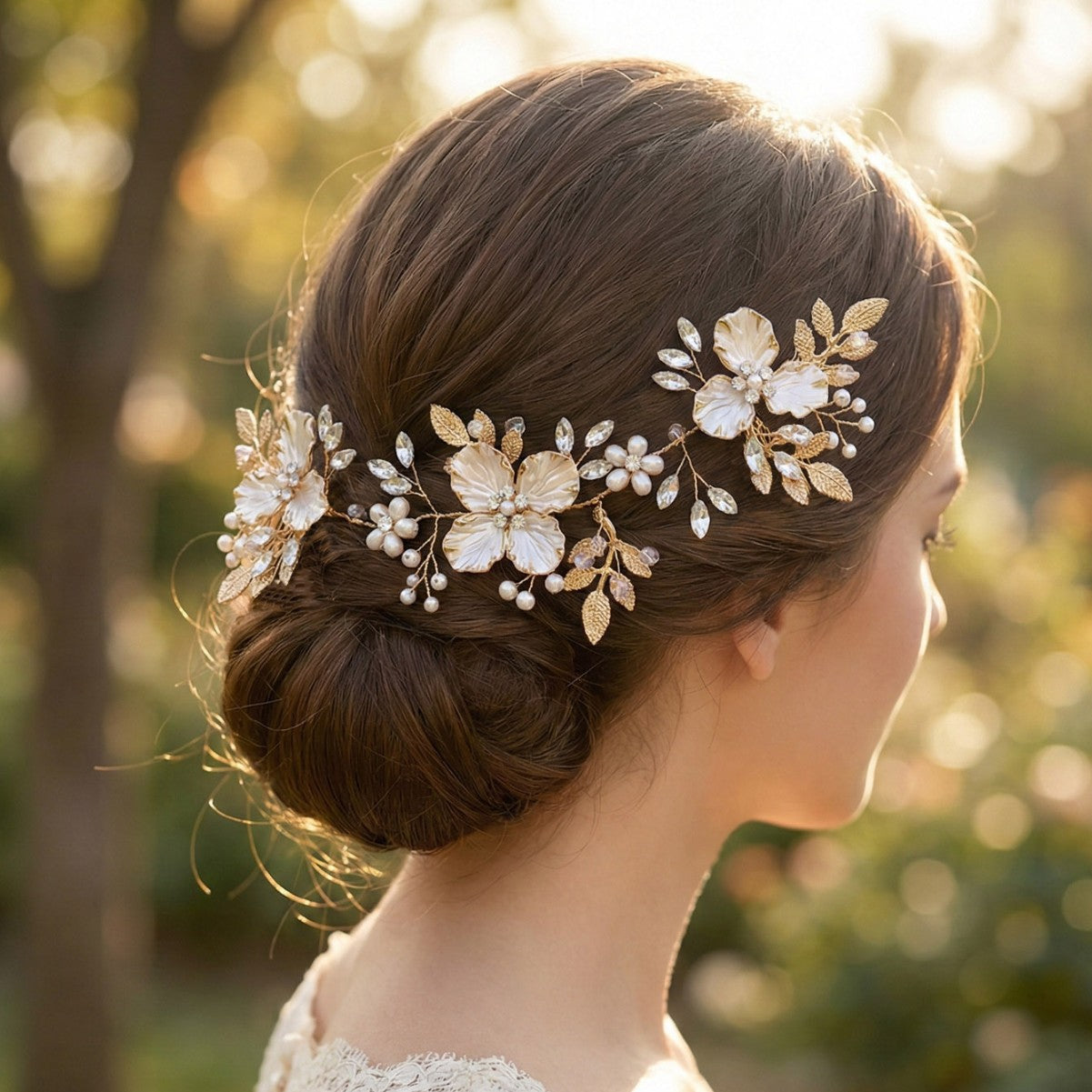 Bridal Hair Pin Comb with Gold Floral Design and Pearls