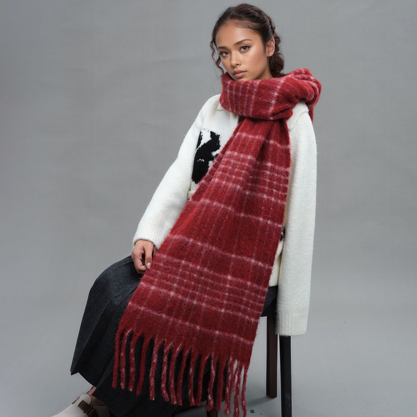 Plaid Wool Fringe Scarf Warm Winter Unisex