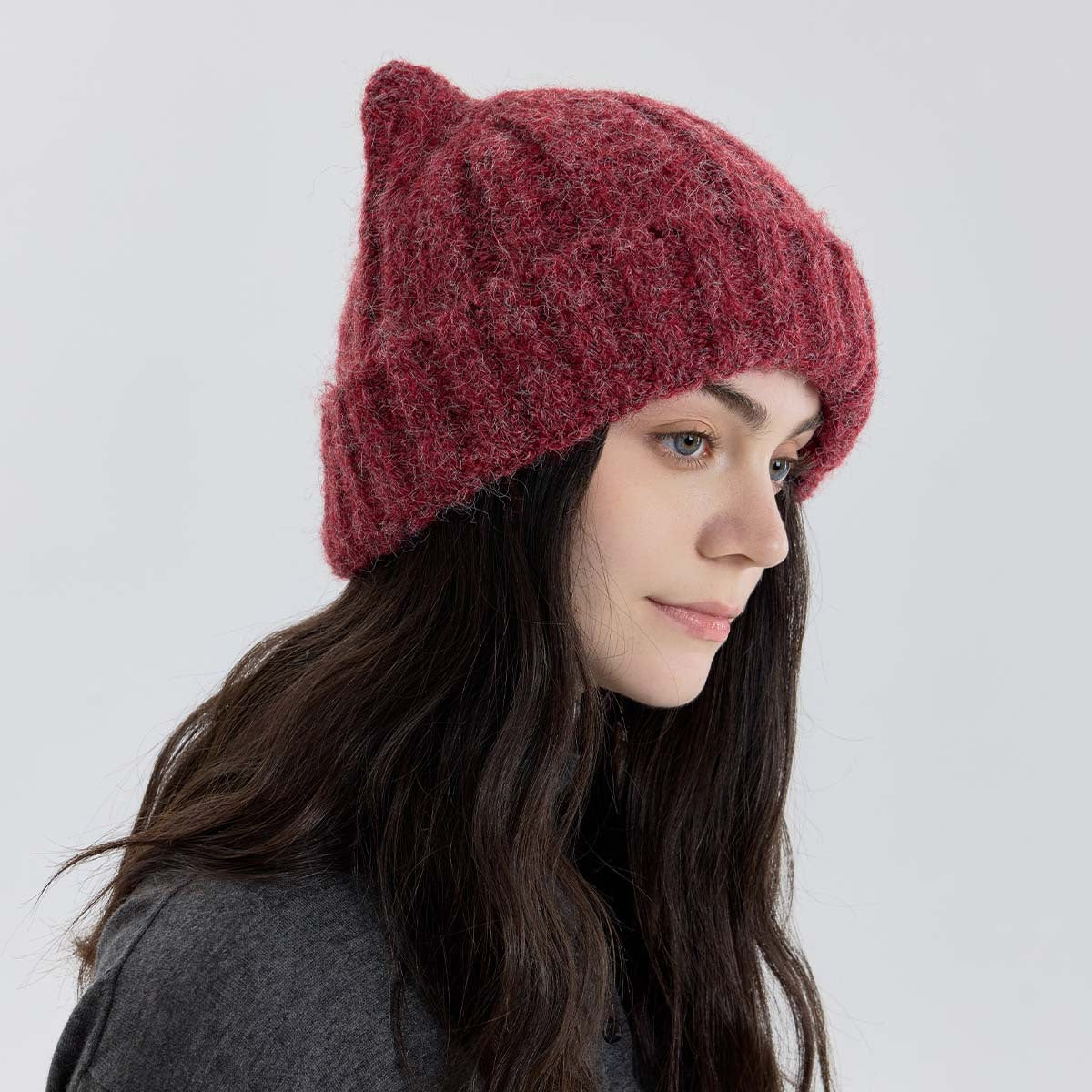 Cute Cat Ear Solid Color Knitted Beanie Hat for Women