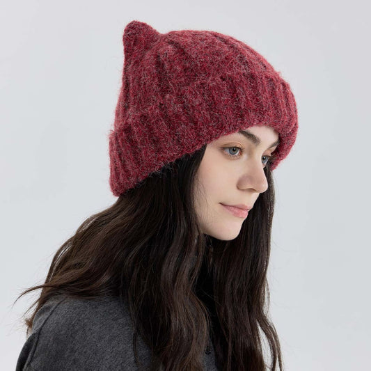 Cute Cat Ear Solid Color Knitted Beanie Hat for Women
