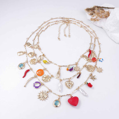 Layered Sunflower Enamel Heart Pendant Necklace Retro