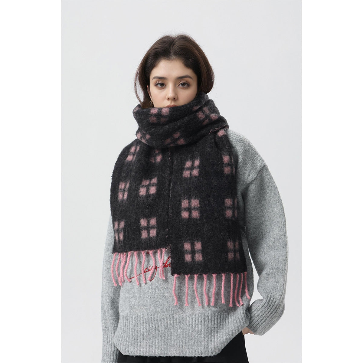 Trendy Wool-Blend Plaid Scarf with Fringe for Men and Women