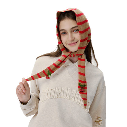 Triangular Wool Knit Scarf with Stripes for Women