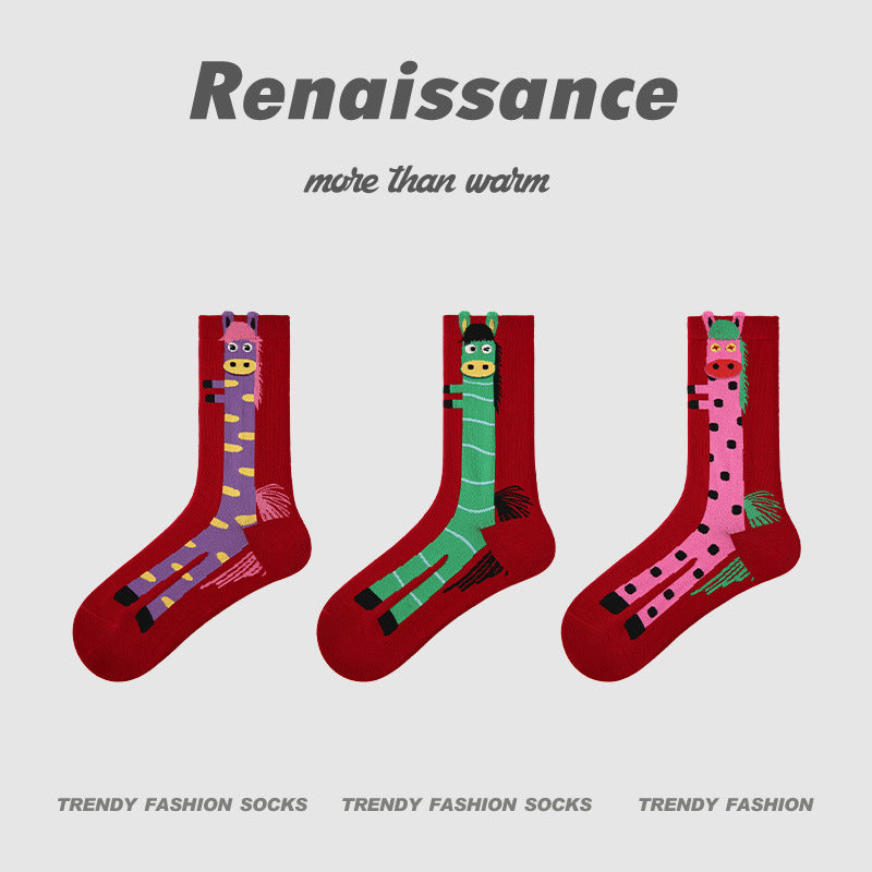 Mid-Calf Horse Motif Combed Cotton Socks