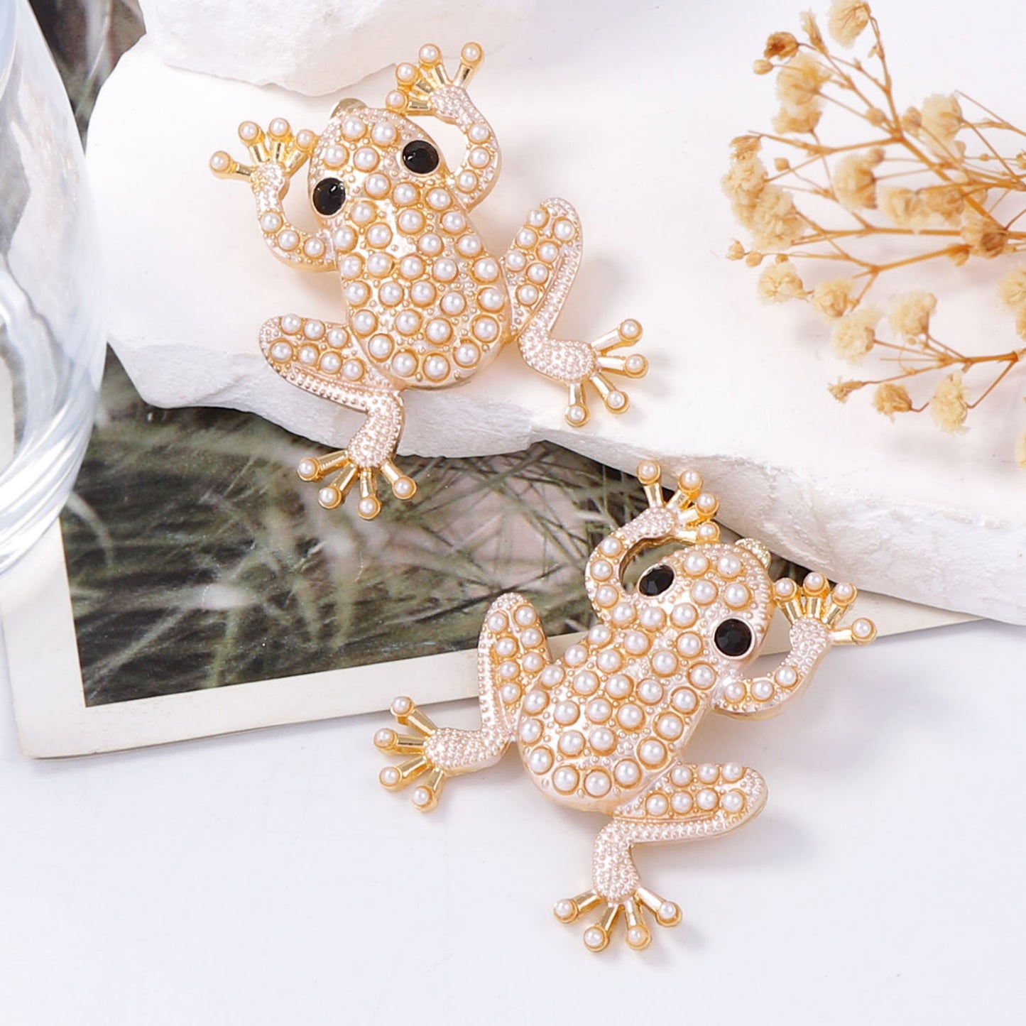 Stud Earrings Frog Pearl Zircon Stainless Posts Chic