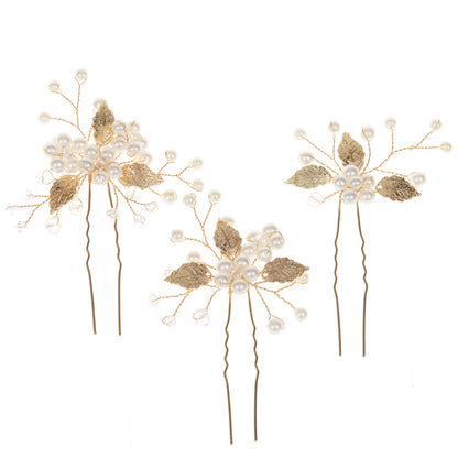 Gold Silver Leaf Pearl U Shaped Hairpins Set
