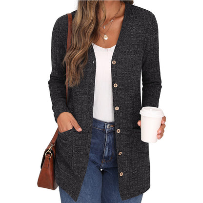 Casual Solid Color Long Sleeve Cardigan with Pockets