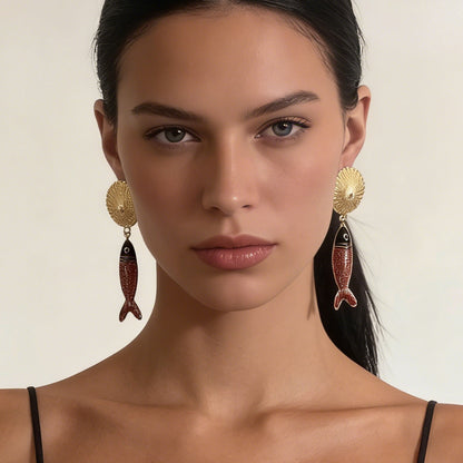 Round Fish Pendant Earrings Vintage Colorful Luxe Chic
