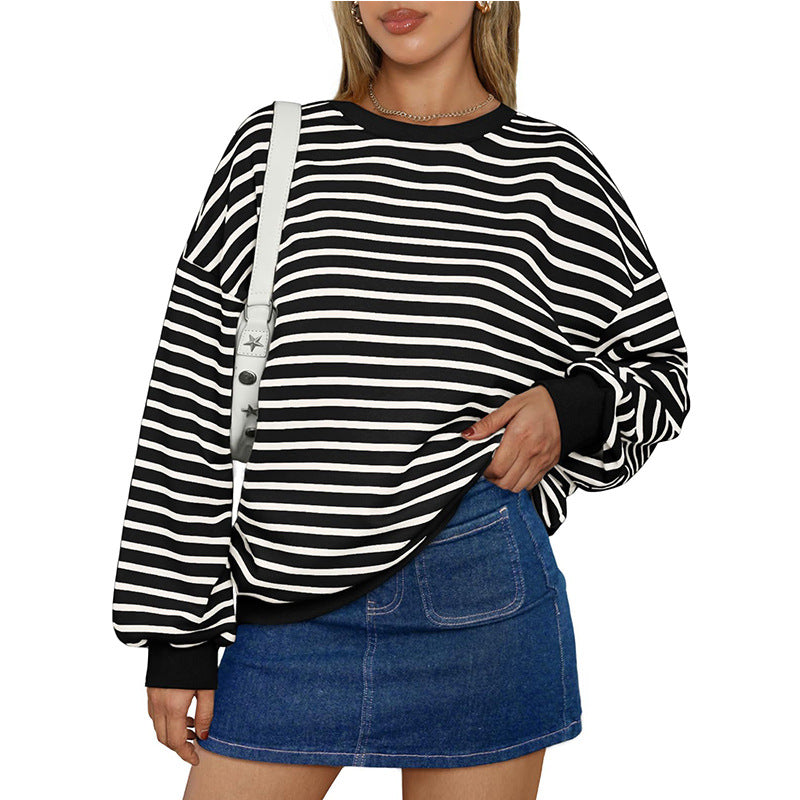 Colorful Striped Crew Neck Loose Sweatshirt for Women