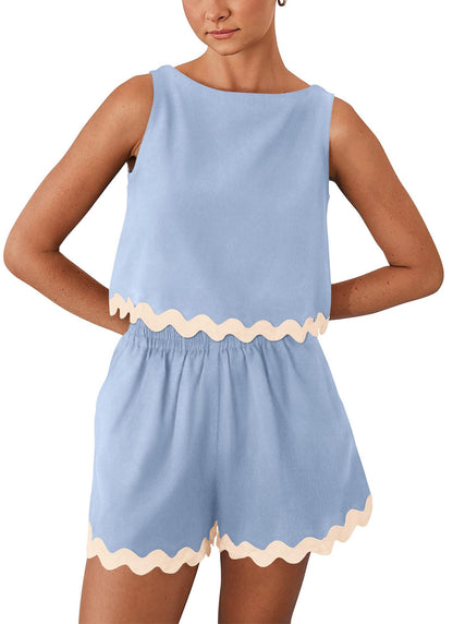 Summer Two-Piece Lace-Trimmed Tank Top and Shorts Set