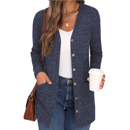 Casual Solid Color Long Sleeve Cardigan with Pockets