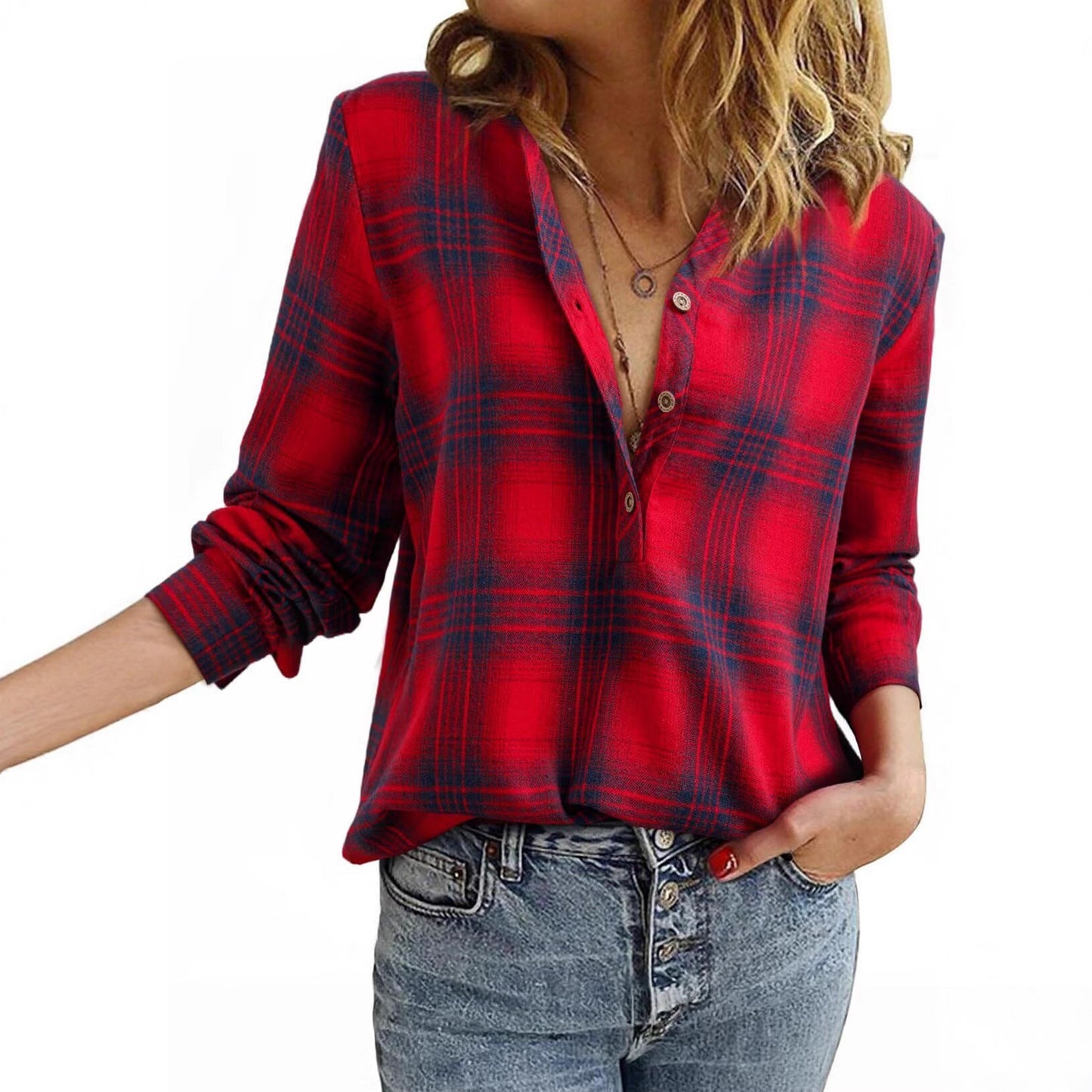 V-Neck Plaid Shirt Trendy Casual Polyester Top