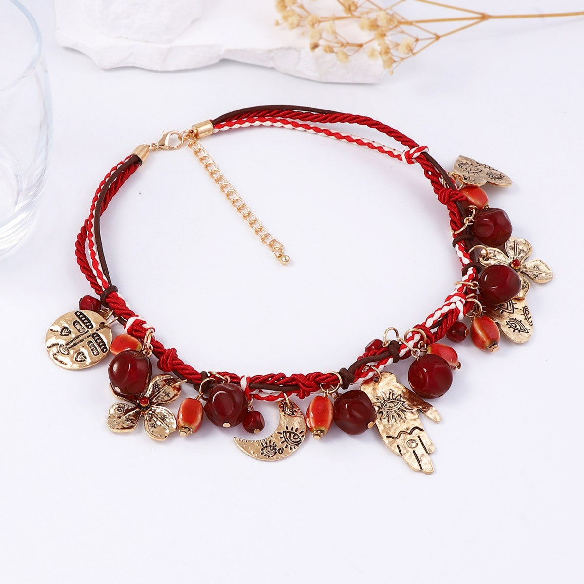 Necklace Bohemian Braided Red Cord Alloy Pendant Casual