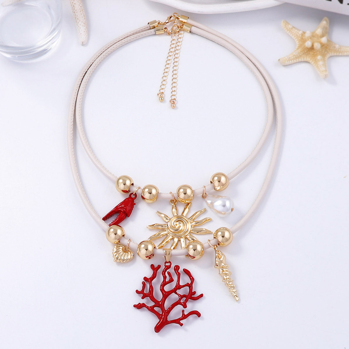 Layered Sun Coral Faux Pearl Leather Necklace