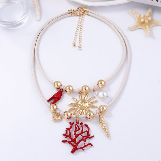 Layered Sun Coral Faux Pearl Leather Necklace