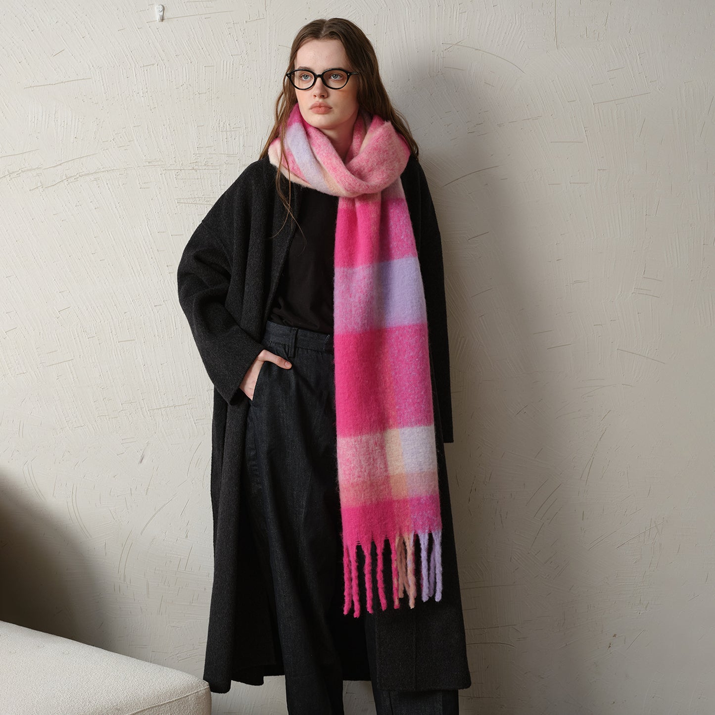 Warm Oversized Plaid Scarf with Fringes for Women