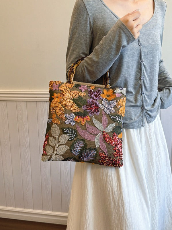 New Embroidered Sequin Bamboo Handle Evening Bag