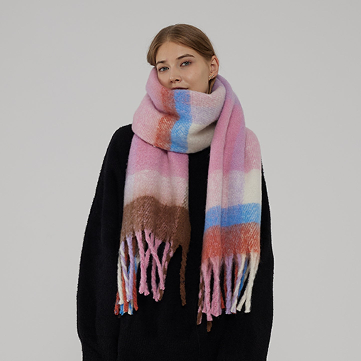 Thick Warm Plaid Oversized Scarf with Fringe