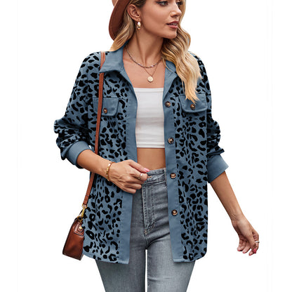 Leopard Print Long Sleeve Button-Up Jacket for Women