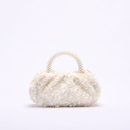 Round Wood Handle Bag Floral Embroidered Beach Style Women's Clutch