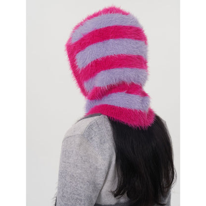 Trendy Two-Tone Striped Faux Mink Knit Beanie for Women