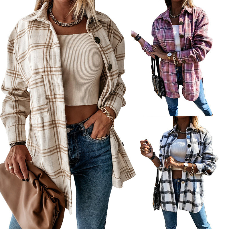 Plaid Button-Up Cardigan Women’s Coat
