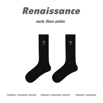 Renaissance Embroidered Bow Cotton Mid Calf Socks