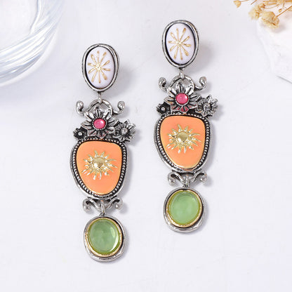 Earrings Antique Finish Enamel Floral Drop For Evening