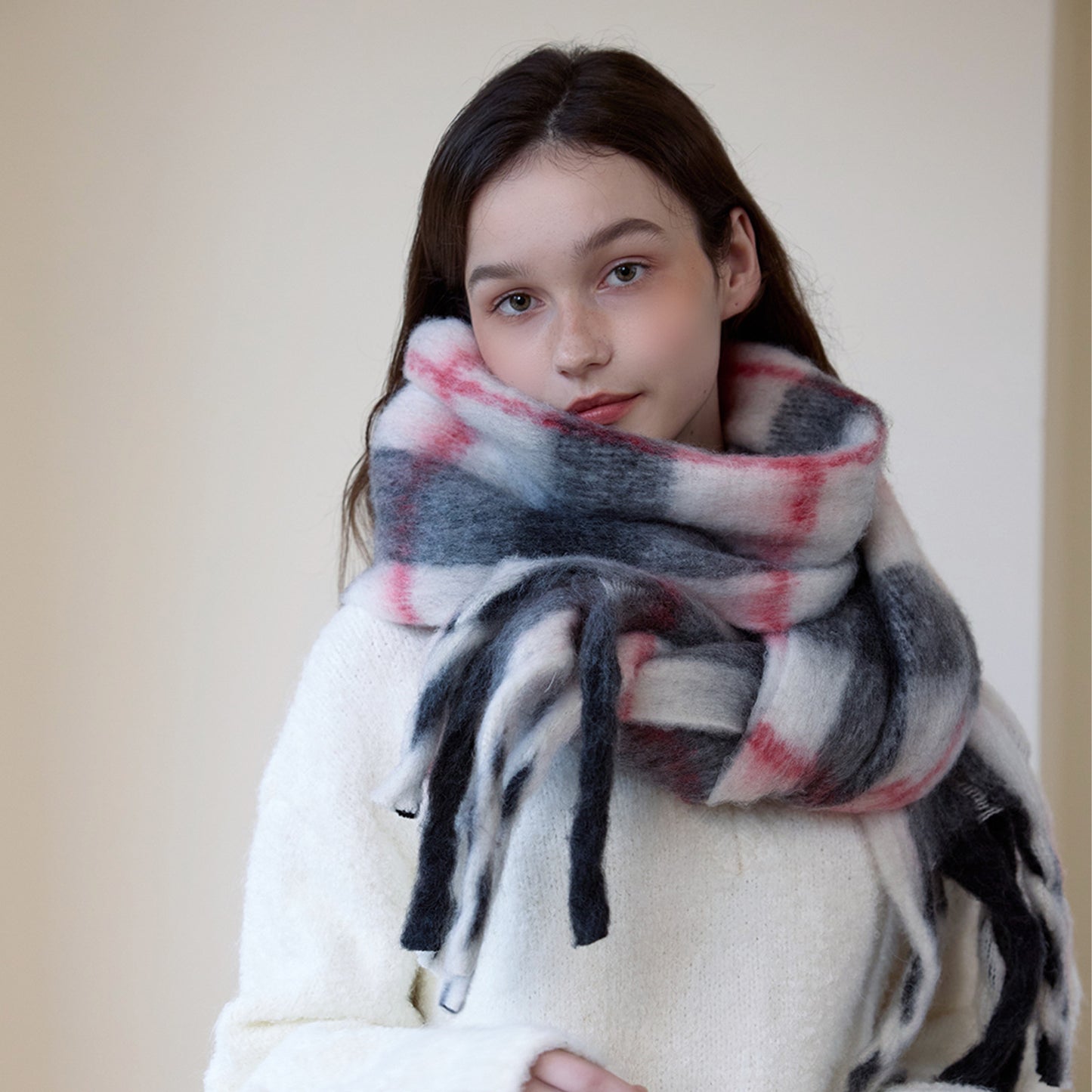 Thick Cozy Plaid Scarf with Fringes for Women