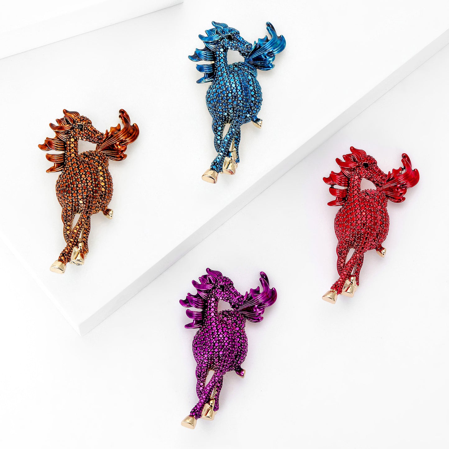 Metallic Horse Brooch Vintage Style Rhinestone Pin for Women
