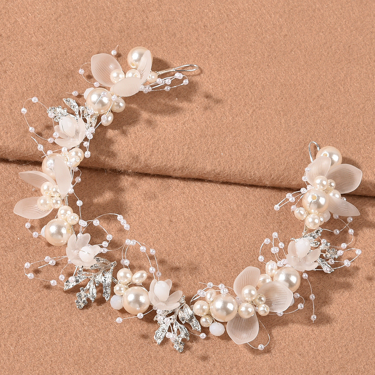 Pearl Flower Bridal Headband with Gold Leaf Detailing