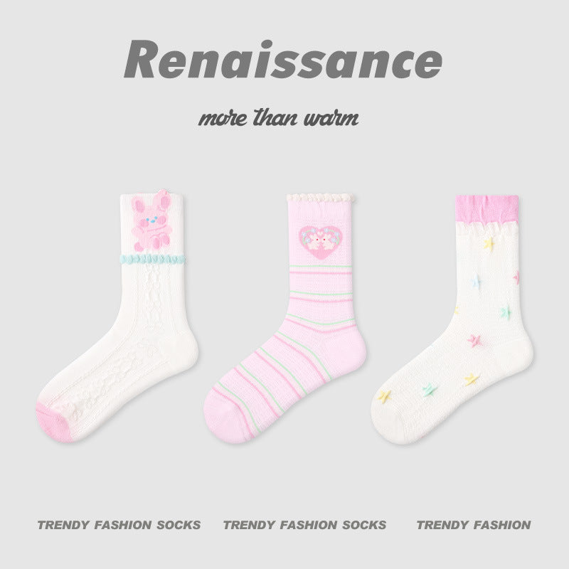 Socks Colorblock Dog Stripe Combed Cotton Mid Calf