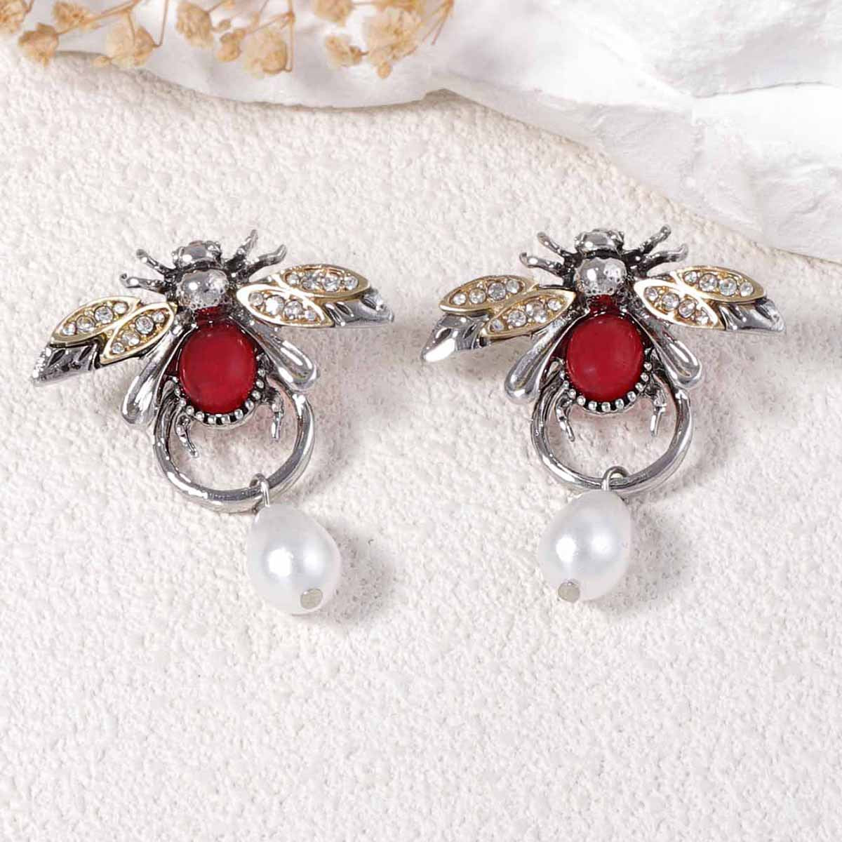 Earrings Bee Pearl Teardrop With Zircon Accents Elegant