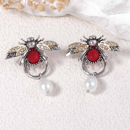 Earrings Bee Pearl Teardrop With Zircon Accents Elegant