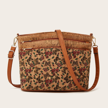 Vintage Cork Shoulder Bag Floral Design Olive Green