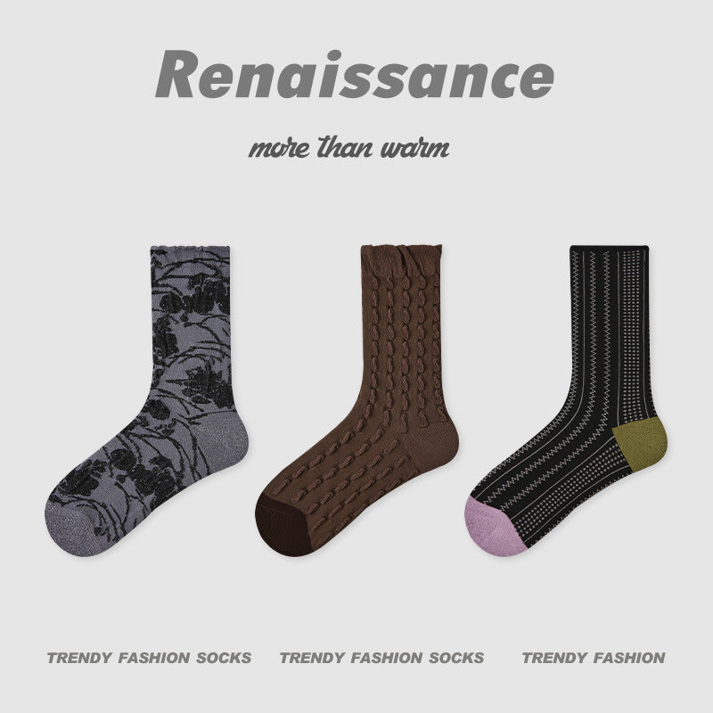 Vintage Floral Colorblock Mid Calf Combed Cotton Socks