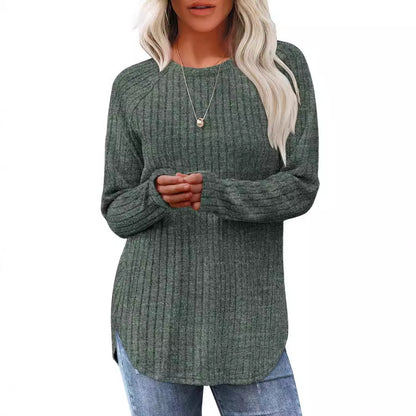 Loose Fit Round Neck Top with High-Low Hem