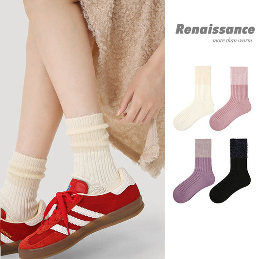 Cozy Mid Calf Colorblock Cotton Faux Mink Socks