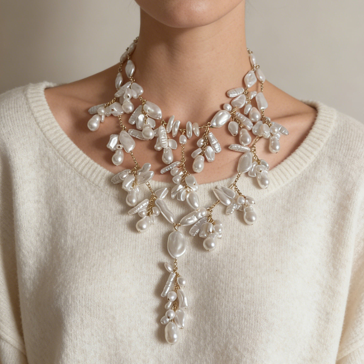 Necklace Baroque Floral Faux Pearl Layered Earring Set