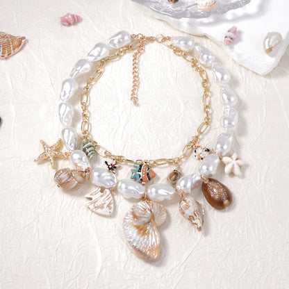 Baroque Faux Pearl Shell Layered Necklace