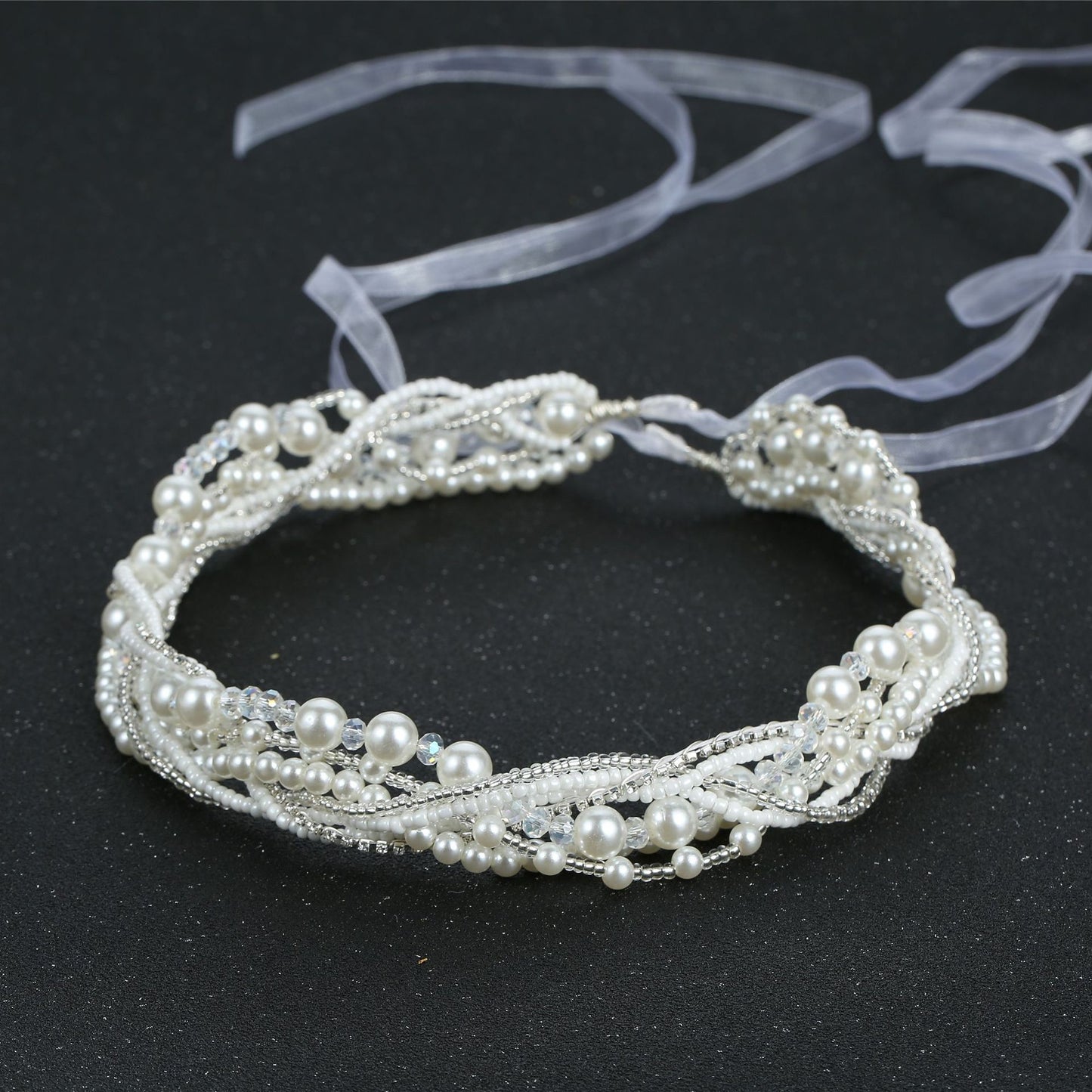 Beaded Handmade Bridal Headband with Crystal Detail
