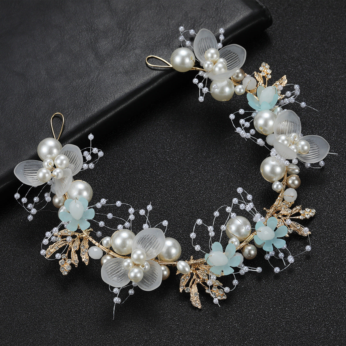 Pearl Flower Bridal Headband with Gold Leaf Detailing