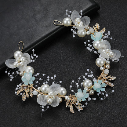 Pearl Flower Bridal Headband with Gold Leaf Detailing