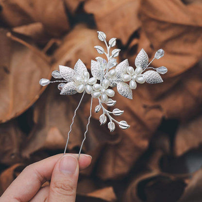 Silver Leaf Pearl Crystal Handmade U Shaped Hairpin Wedding Hairpiece